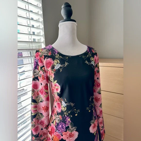 INC International Concepts Black Floral Long Sleeve Dress - Picture 2 of 4